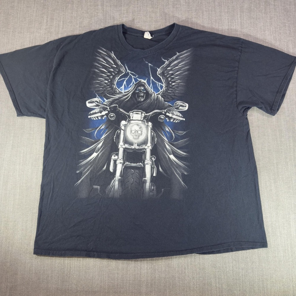 Grim Reaper Motorcycle Shirt Mens 3XL Black Wings Skull Biker Graphic Tee Gildan